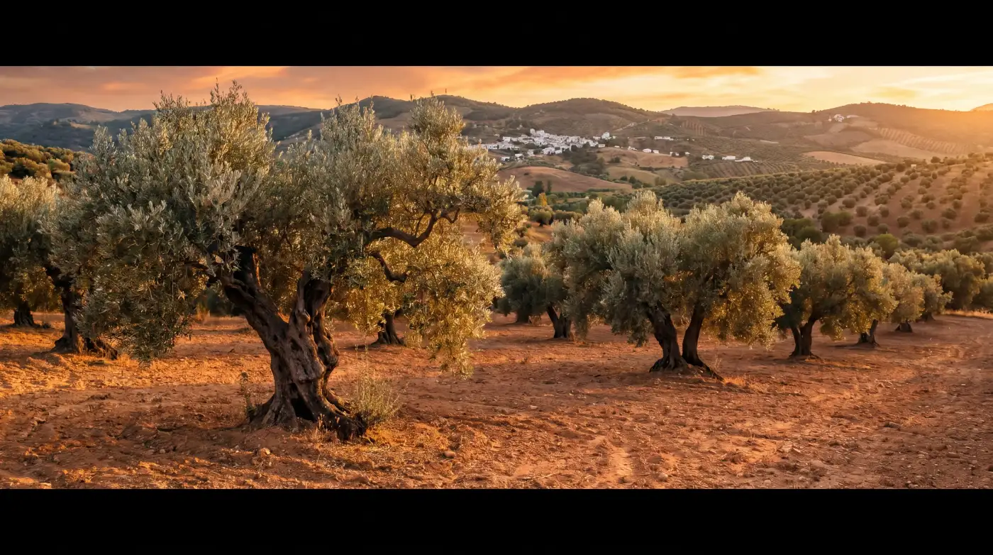 Ein Olivenhain in Südspanien im Abendlicht